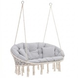 Scaun leagan suspendat dublu boho cu perne, crem/gri, 130x66x120 cm