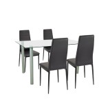 Set Masa Verna 4 1 Leziter din Sticla Securizata si Piele Textila, Negru, 140x80cm, 4 Scaune