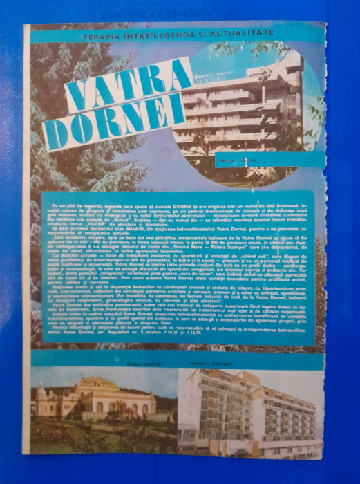 1987, Reclamă statiunea VATRA DORNEI comunism 24x16 cm BUCOVINA epoca aur