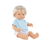 Papusa baiat caucazian blond 38 cm cu tricoul bleu, corp parfumat, colectia My, MINILAND
