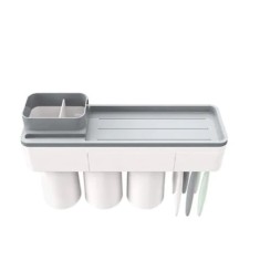 Suport pentr 6 periute de dinti, cu 3 pahare si suport telefon mobil, magnetic, din plastic, alb/gri
