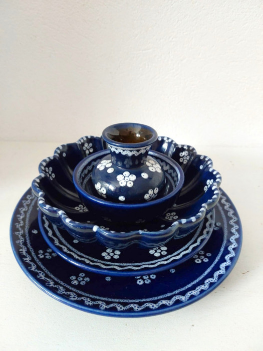 Set ceramica vintage Germania, 5 buc, albastru cu floricele albe stilizate
