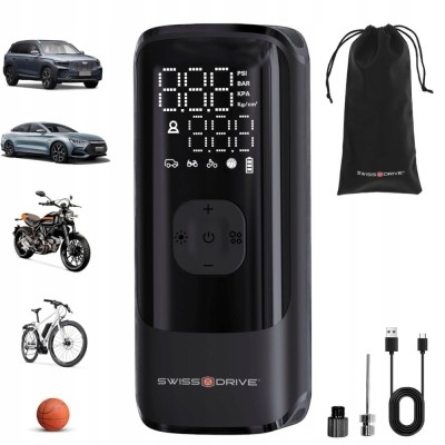 Compresor de aer portabil 150 PSI, pompa rapida anvelope cu afisaj LCD, lanterna LED si baterie reincarcabila USB foto