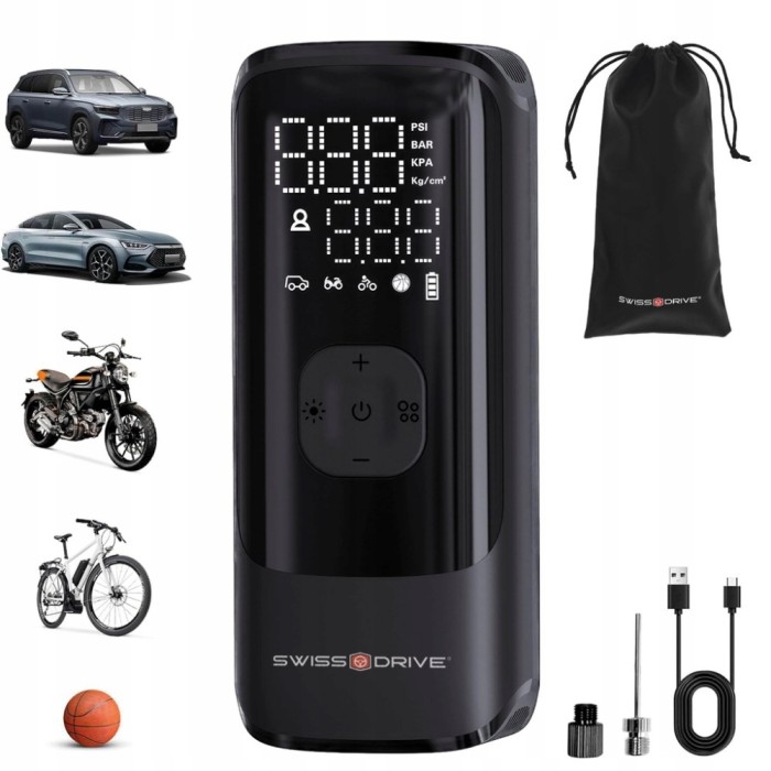 Compresor de aer portabil 150 PSI, pompa rapida anvelope cu afisaj LCD, lanterna LED si baterie reincarcabila USB