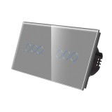 Intrerupator triplu x 2 cu indicator luminos, Luxion LX-ST-301/301-GY, touch, incastrat, rama din sticla inclusa, gri