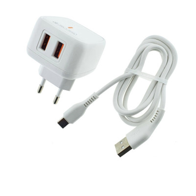 Set incarcator dual USB-A si cablu USB-C, 2.4A, Jellico C2 10146, Fast Charging, 100-240V, indicator LED, alb foto