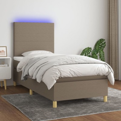 vidaXL Pat cu arcuri, saltea și LED, gri taupe, 90x190 cm, textil 3135241 foto