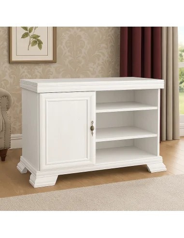 Comoda living VMT, Pal Melaminat, cu o usa, 3 polite, cu elemente din MDF, Alb Antichizat
