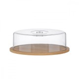Platou pentru branzeturi si prajituri, Housevetta, suport tort din bambus cu capac transparent, diametru 28 cm, inaltime 9 cm