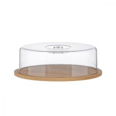 Platou pentru branzeturi si prajituri, Housevetta, suport tort din bambus cu capac transparent, diametru 28 cm, inaltime 9 cm