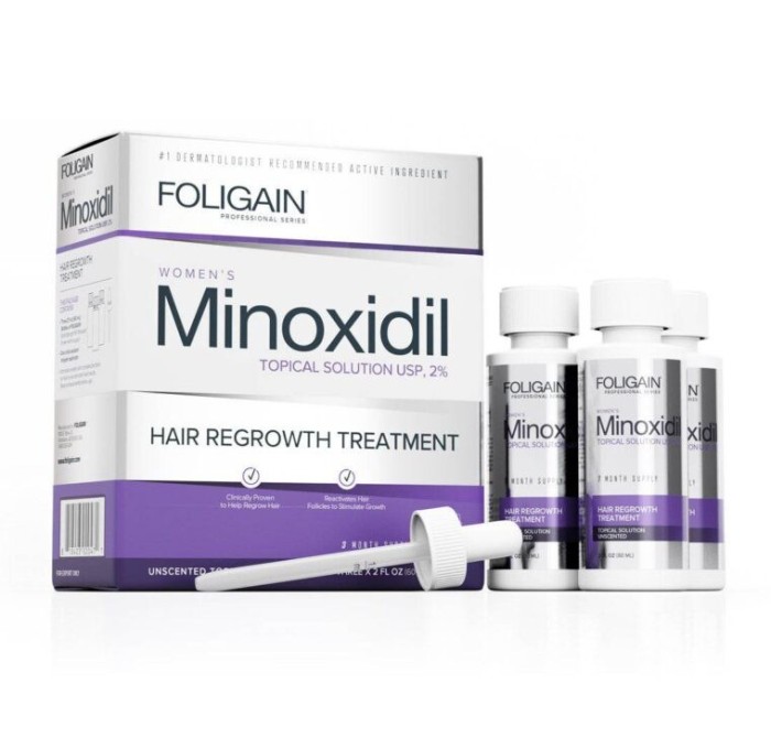 Solutie Foligain Minoxidil 2%, pentru femei, tratament pentru cresterea parului, 3 flacoane + o pipeta