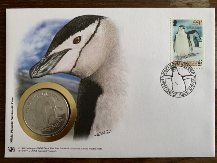 south georgia - pinguin - FDC cu medalie, fauna wwf