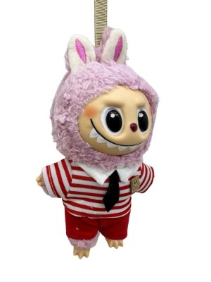 Breloc de plus Labubu roz cu costum rosu in dungi albe foto