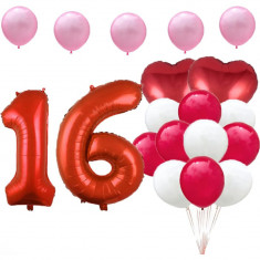 Set de 17 baloane pentru aniversarea de 16 de ani, cu 15 baloane din latex roz, albe si rosii si 2 baloane inimioara din folie, ideal pentru o petrece