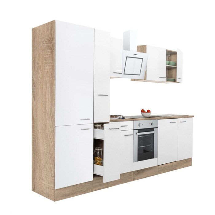 Mobilă de bucătărie Yorki 300, corp din stejar sonoma, față alb satinat, element inferior cuptor, dulap cu raft