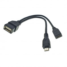 Cablu adaptor OTG , Cablexpert 06730, USB 2.0 mama la microUSB 2.0 tata si microUSB 2.0 mama, lungime 15cm, negru