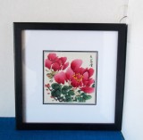 Tablou &icirc;nrămat sub sticlă, passepartout, pictură tradițională chinezească pe h&acirc;rtie, 100% manuală - Bujori - semnat artist