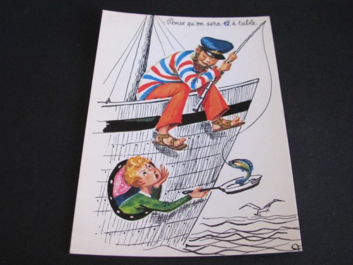 Pescari pe Vas, Ilustrație Anii &#039;70 - Carte Poștală Umoristică Vintage Franța