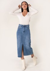 Fusta albastra de denim cu slit frontal P215 M10