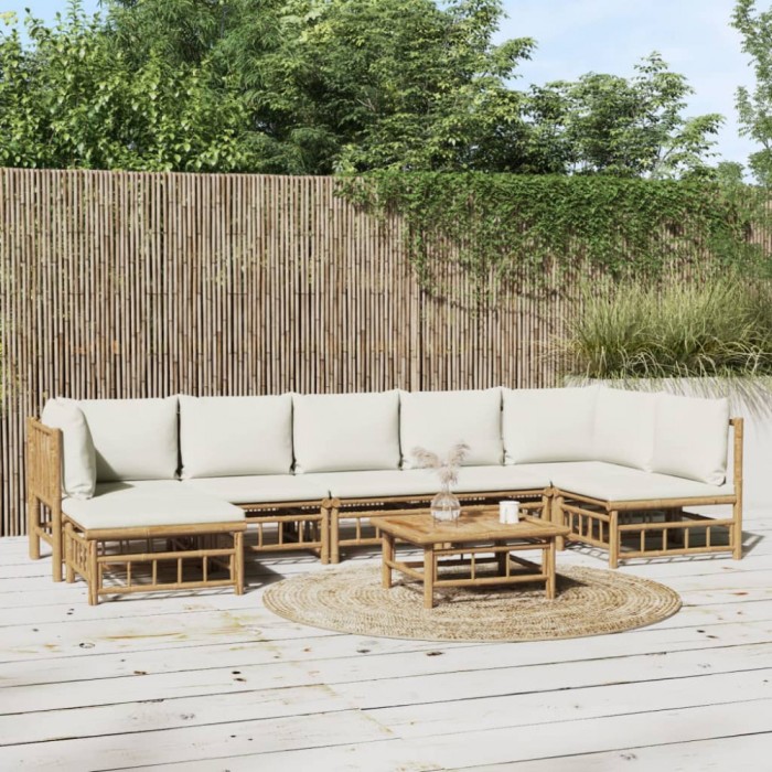 Gossi set mobilier de gradina, cu perne alb crem, 8 piese, bambus