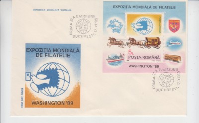 C12 - FDC Romania - Expozitia filatelie World Stampexpo 89 colita LP1230 - 1989 foto