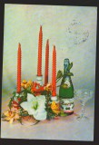 Felicitare Anul Nou 1988 cu Lumanari, Flori si Zarea - Carte Postala Ilustrata