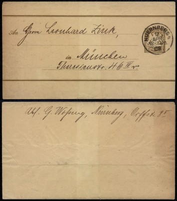 Germany Bavaria 1908 Postal stationery Wrapper Nuernberg to Munich DB.103 foto