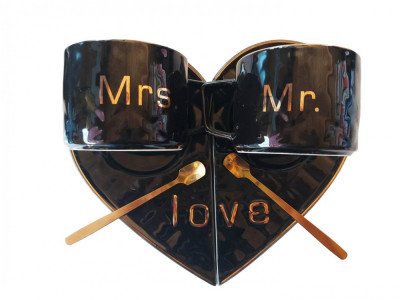 Set 2 cesti de cafea cu suport in forma de inima, Love, Mr, Mrs, Negru, 105MK foto