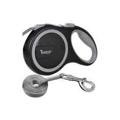 Lesa retractabila automata pentru caini, lungime 5 m, buton blocare, maner ergonomic, banda reflectorizanta, negru/gri foto