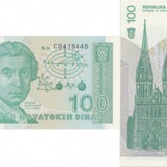 1991 (8 Octombrie), 100 Dinara (P-20a) - Croaţia - stare UNC