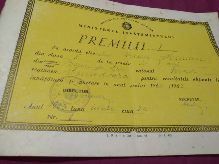 DIPLOMA VECHE PREMIUL AL I CL. II BAIA DE CRIS RAIONUL BRAD REG. HUNEDOARA 62-63