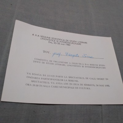 INVITATIE SESIUNEA STIINTIFICA DE STUDII LITERARE /PERIOADA COMUNISTA /DEJ 1980 foto