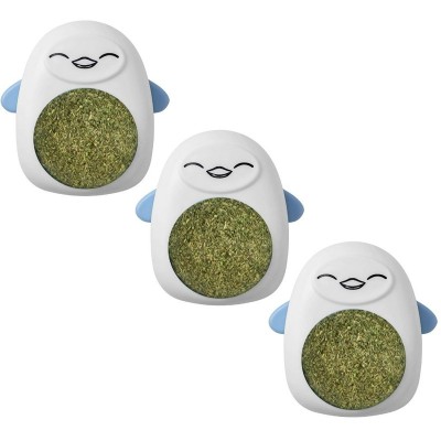 Set 3 Jucarii pentru Pisicute, Model Pinguin, Minge Rotativa 360&amp;deg; din Iarba Catnip, 6 cm, Albastru foto