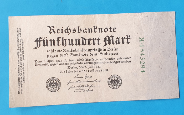 Bancnota veche - Germania 500 Mark 1922 - serie X 1543294