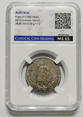 AUSTRIA - 20 KREUZER 1804 F - MS 65 - GRADATA CCG, SERIA AB810385, KM# 2139, TIRAJ 651.000 PCS., Francisc al II-lea ( 1792-1806 ) foto