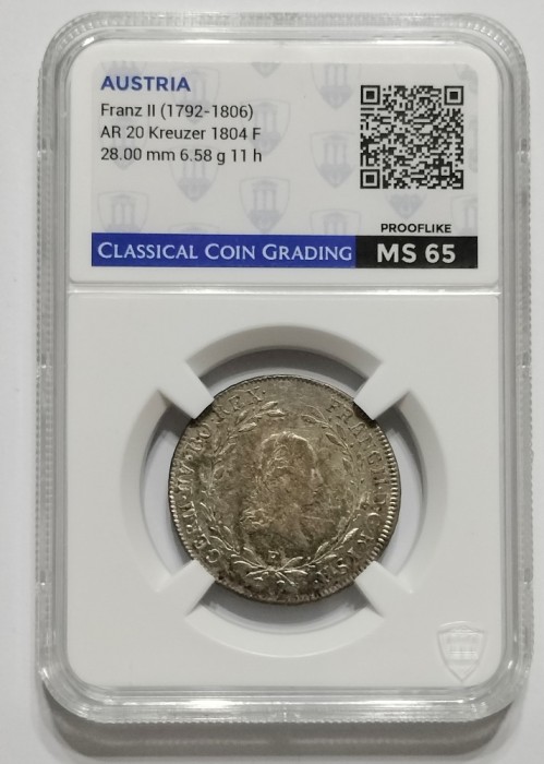 AUSTRIA - 20 KREUZER 1804 F - MS 65 - GRADATA CCG, SERIA AB810385, KM# 2139, TIRAJ 651.000 PCS., Francisc al II-lea ( 1792-1806 )