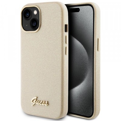 Husa pentru Apple iPhone 15, Guess, Glitter Glossy Script, Bej foto