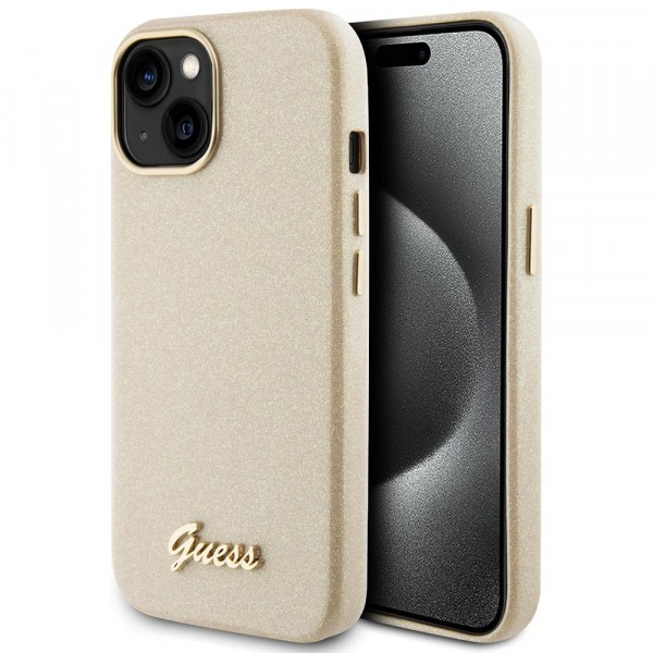 Husa pentru Apple iPhone 15, Guess, Glitter Glossy Script, Bej