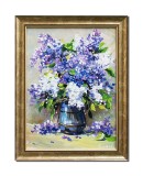 Vaza cu liliac, tablou pictat manual inramat, 45x35cm ulei pe panza, Mircea Iordache