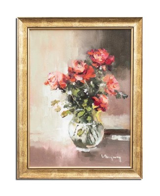 Tablou cu trandafiri rosii pictat manual inramat, Puritate, 45x35cm ulei pe panza, rama din lemn, Geo Ungureanu foto