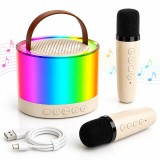 Set 2 Microfoane Karaoke cu Boxa, Wireless, Bluetooth, LED RGB, Sunet Stereo, 5 Efecte Vocale, MicroSD, AUX, USB-C, Bej