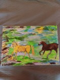 TABLOU PE PANZA CU SASIU NOU 40X60 CM CAI PE CAMPIE ACRILIC PRET 100 LEI NEGOCIABIL