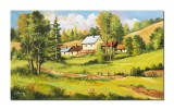 Cumpara ieftin Tablou peisaj cu case taranesti pictat manual, O zi minunata, 100x60cm ulei pe panza Constantin Feraru