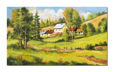 Tablou peisaj cu case taranesti pictat manual, O zi minunata, 100x60cm ulei pe panza Constantin Feraru foto