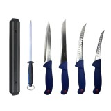 Cumpara ieftin Set profesional de macelarie, injunghiat, dezosat, transat, filetat, 4 cutite, suport magnetic si masat pentru ascutit