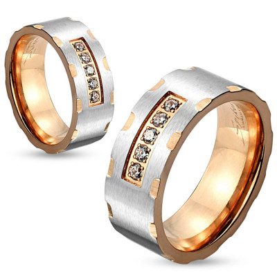 Inel bicolor din oțel, culoare argintie și arămie, crestături, zirconii transparente, 6 mm - Marime inel: 55 foto