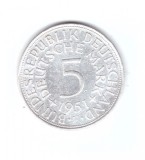 Moneda Germania 5 mark/marci 1951 F, stare buna, curata, Europa, Argint