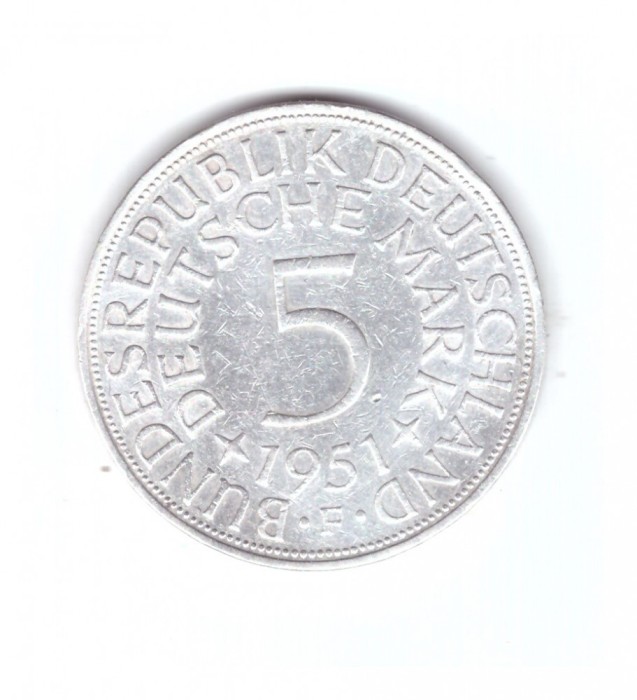 Moneda Germania 5 mark/marci 1951 F, stare buna, curata