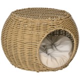 PawHut Niche coș casă pentru pisici 2 etaje din rășină &icirc;mpletită aspect răchită cu 1 pernă moale &Oslash; 40 x 30 cm maro deschis | Aosom Romania