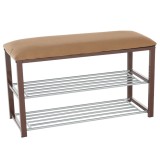 Cumpara ieftin Banca cu 2 rafturi din metal argintiu si perna textil maro LANGELLA 81x31x49 cm